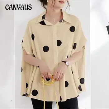 Летняя женская рубашка с принтом в горошек, свободная повседневная рубашка в богемном стиле с коротким рукавом и летучей мышью, топы 5XL белый