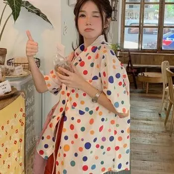 Летняя женская рубашка с японским принтом, милая женская свободная блузка с короткими рукавами, корейское издание, солнцезащитная футболка в консервативном стиле onesize