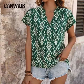Летняя женская рубашка с рукавами летучая мышь, топ с короткими рукавами и этническим принтом S зелёный