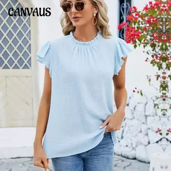 Летняя женская рубашка с рюшами и текстурированными плиссированными пуловерами и короткими рукавами S чёрный