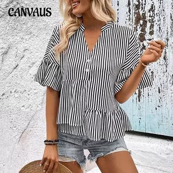 Летняя женская рубашка с рюшами в полоску и v-образным вырезом, темпераментная, элегантная рубашка в нерегулярную полоску S чёрный