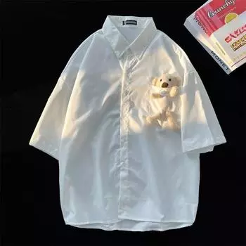 Летняя женская рубашка с украшением в виде медведя, японская женская блузка с короткими рукавами BF, однотонная рубашка-поло в консервативном стиле, Blusas M чёрный