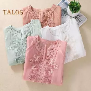 Летняя женская рубашка с V-образным вырезом и цветочной вышивкой, рукава три четверти, свободная однотонная ретро-мама, женская повседневная блузка среднего возраста M светло-зеленый