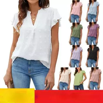 Летняя женская рубашка с v-образным вырезом и рюшами на рукавах, 2023, шифоновая S розовый