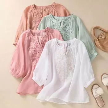 Летняя женская рубашка с V-образным вырезом и цветочной вышивкой, рукава три четверти, свободная однотонная ретро-мама, женская повседневная блузка среднего возраста XXL розовый