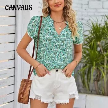 Летняя женская рубашка с v-образным вырезом, шифоновая блузка с цветочным принтом, кружевная блузка с рукавами-лепестками, топ с короткими рукавами S оранжевый
