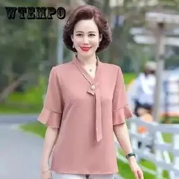 Летняя женская рубашка с верхним рукавом, шифоновая блузка с коротким рукавом, V-образный вырез, однотонная дышащая блузка XL жёлтый