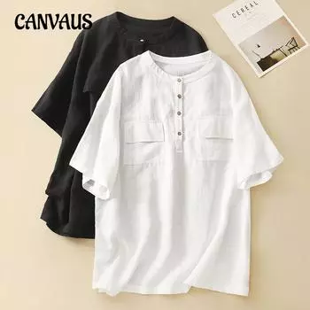 Летняя женская рубашка с воротником-стойкой, свободная повседневная блузка больших размеров, топы с короткими рукавами L чёрный