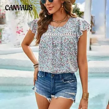 Летняя женская рубашка с жатым кружевом и рюшами, топ без рукавов, блузка S светло-синий