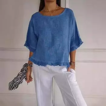 Летняя женская рубашка свободного кроя с короткими рукавами и круглым вырезом из хлопка и льна S синий