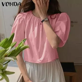 Летняя женская рубашка VONDA с круглым воротником и коротким рукавом