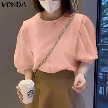 Летняя женская рубашка VONDA с круглым воротником и объемными рукавами M розовый