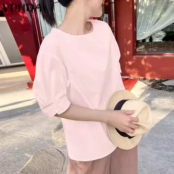 Летняя женская рубашка VONDA с круглым воротником и объемными рукавами