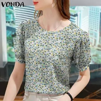 Летняя женская рубашка VONDA с круглым воротником и объемными рукавами с цветочным принтом