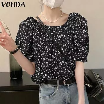 Летняя женская рубашка VONDA с круглым воротником и объемными рукавами с цветочным принтом 4XL хаки