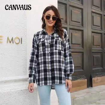 Летняя женская рубашка в клетку с длинным рукавом, средняя длинная свободная блузка, топы с длинными рукавами S чёрный