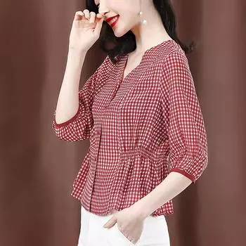 Летняя женская рубашка в клетку с рукавом три четверти, топ в стиле ретро, повседневная блузка XXXL красный