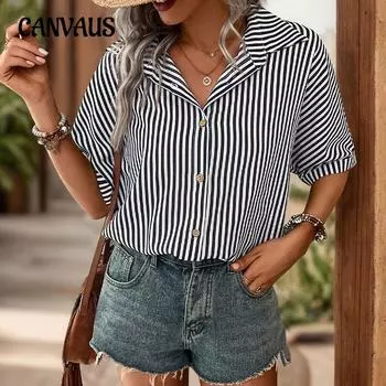 Летняя женская рубашка в полоску, однобортная рубашка с лацканами, топ S темно-синий