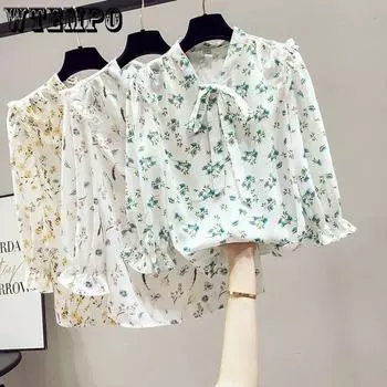 Летняя женская рубашка. Женская шифоновая рубашка с рукавом 7/4 и цветочным принтом. S синий