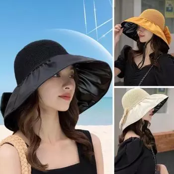 Летняя женская рыбацкая шляпа с большими полями, складной декор с бантом, защита от солнца, анти-УФ-термостойкая виниловая портативная шляпа от солнца для кемпинга, пляжа, путешествий, сада жёлтый