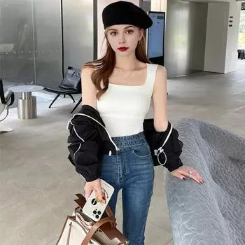 Летняя женская с квадратным вырезом, высокая эластичность, без рукавов, с тонкой нитью, с подкладкой, беспроводная, однотонная, повседневная одежда, спортивная хаки