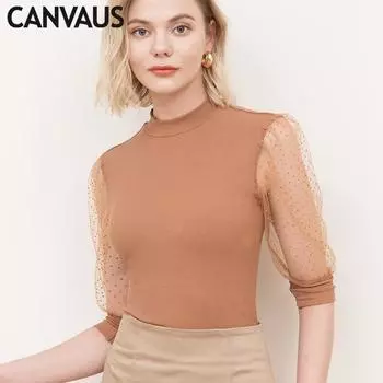 Летняя женская сетчатая футболка Canvaus с высоким воротником и рукавами, топ S коричневый
