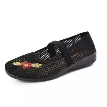 Летняя женская сетчатая обувь на плоской подошве с вышивкой и вырезами Мэри Джейн, дышащая повседневная рабочая обувь для женщин и мам, большие размеры 35 чёрный