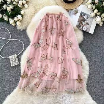 Летняя женская сетчатая юбка с вышивкой в виде стрекоз One Size абрикосовый