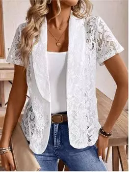 Летняя женская сексуальная элегантная кружевная рубашка с коротким рукавом, однотонная женская одежда S белый