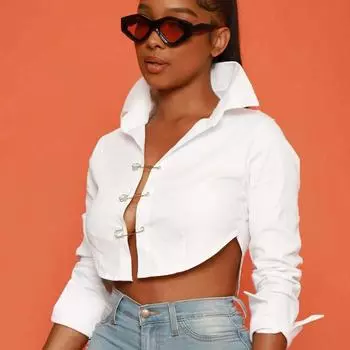 Летняя женская сексуальная блузка с длинными рукавами и модными булавками, персонализированная рубашка, белый, черный, однотонный, короткие топы, одежда 26518 S чёрный