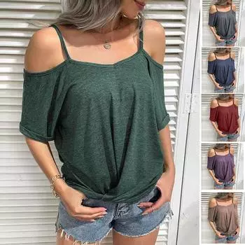 Летняя женская сексуальная футболка с открытыми плечами, цветная хлопковая футболка с коротким рукавом M