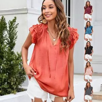 Летняя женская сексуальная футболка с v-образным вырезом и рюшами на рукавах, свободные шикарные женские модные топы с короткими рукавами S розовый