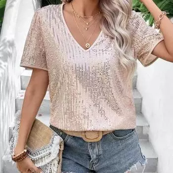 Летняя женская сексуальная однотонная свободная женская футболка с v-образным вырезом и короткими рукавами, расшитая блестками XL белый