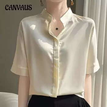 Летняя женская шелковая рубашка с воротником-стойкой на пуговицах и короткими рукавами, короткая однотонная блузка M белый