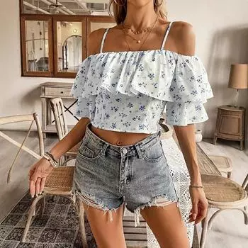 Летняя женская шифоновая рубашка Crushed Flower Fresh Sweet без рукавов с оборками и подтяжками Senior Sense S синий