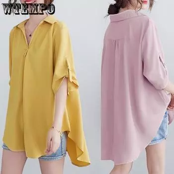 Летняя женская шифоновая рубашка корейской версии большого размера, свободная, утягивающая, с поясом, темпераментная рубашка А-силуэта L белый