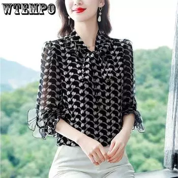 Летняя женская шифоновая рубашка с цветочным принтом, топ с длинным рукавом, рубашки для мам, нижняя рубашка, женский топ M чёрный