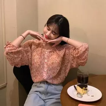 Летняя женская шифоновая рубашка с длинным рукавом и цветочным принтом, с круглым вырезом, милая рубашка в корейском стиле S