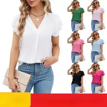 Летняя женская шифоновая рубашка с v-образным вырезом и рюшами, топ с короткими рукавами, 2023 г. S небесно-голубой