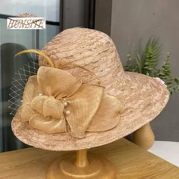 Летняя женская шляпа-ведро с искусственным жемчугом и цветочным декором, элегантная шляпа-ведро с широкими полями и кружевной строчкой, пляжная шляпа-чародей бежевый