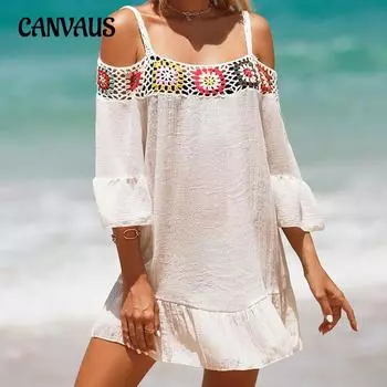 Летняя женская солнцезащитная одежда с бретелькой на бретельках, кружевные топы на одно плечо с крючками, повседневное однотонное пляжное платье с солнцезащитным кремом, пляжные накидки One Size белый