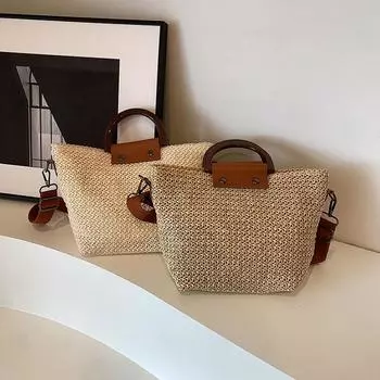 Летняя женская сумка через плечо с деревянной ручкой, плетеная соломенная сумка, бохо, повседневная женская пляжная мода, сумки через плечо 32x11x20cm бежевый