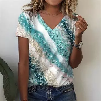 Летняя женская свободная 3D футболка с V-образным вырезом и коротким рукавом с цветочным принтом S