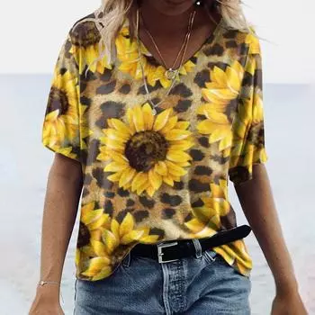 Летняя женская свободная 3D футболка с V-образным вырезом и коротким рукавом с буквенным принтом S