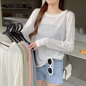 Летняя женская свободная блузка с длинными рукавами, нижняя рубашка, тонкая солнечная рубашка с круглым вырезом, пуловер, толстовка с кондиционером M серый