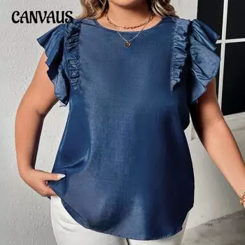 Летняя женская свободная футболка больших размеров с рюшами, модный топ без рукавов 1XL синий