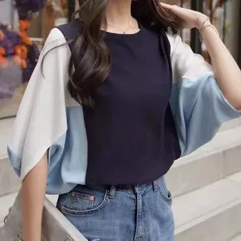 Летняя женская свободная футболка больших размеров с коротким рукавом и круглым вырезом с цветными блоками и рукавами «летучая мышь» L