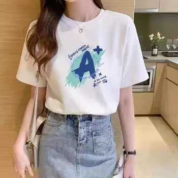 Летняя женская свободная футболка из чистого хлопка с коротким рукавом и круглым вырезом с принтом M