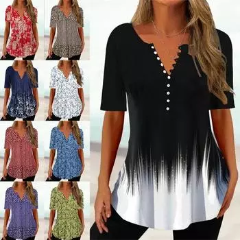Летняя женская свободная футболка-пуловер с V-образным вырезом, короткими рукавами, напечатанными на пуговицах, с V-образным вырезом, повседневная футболка S