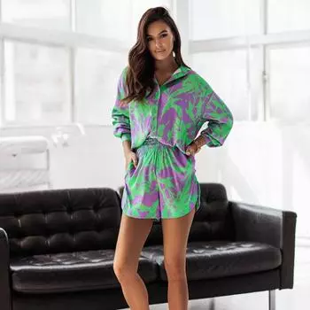 Летняя женская свободная футболка с длинным рукавом с принтом + шорты повседневный комплект из двух предметов S розовый